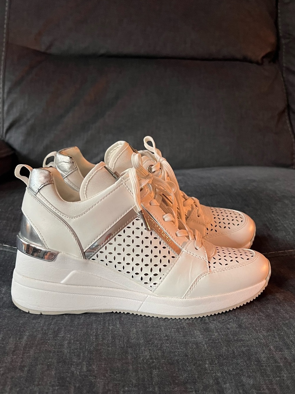 Michael Kors White Leather Sneakers with Silver Accents, Size 7